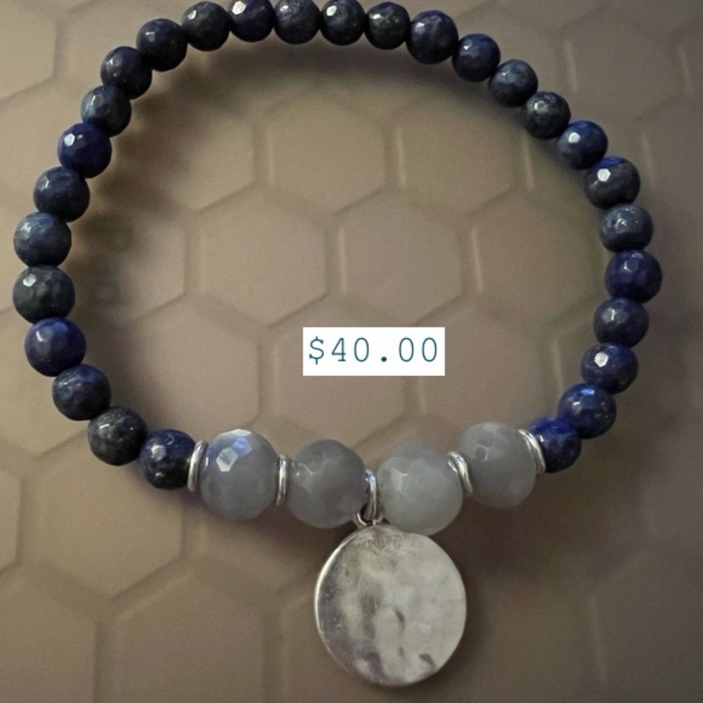 Handmade Blue Bead Stretch Bracelet with Silver Disc Charm